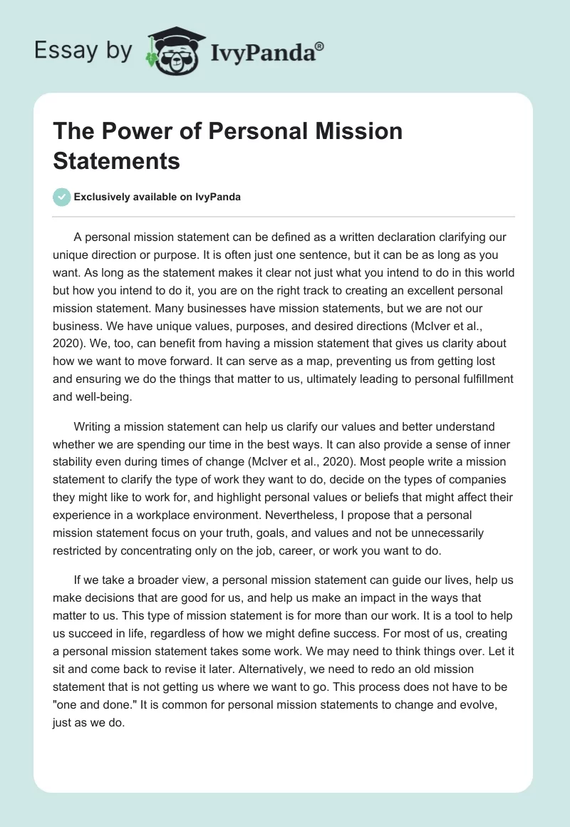 The Power of Personal Mission Statements. Page 1
