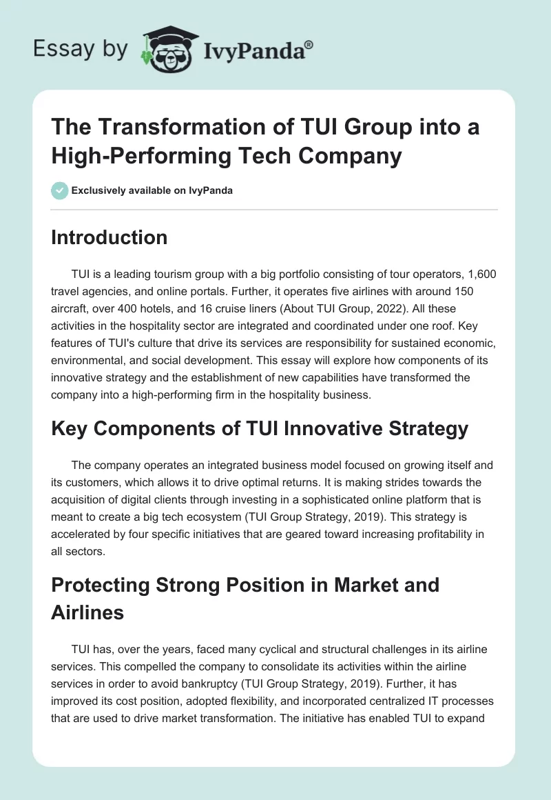 The Transformation of TUI Group into a High-Performing Tech Company. Page 1