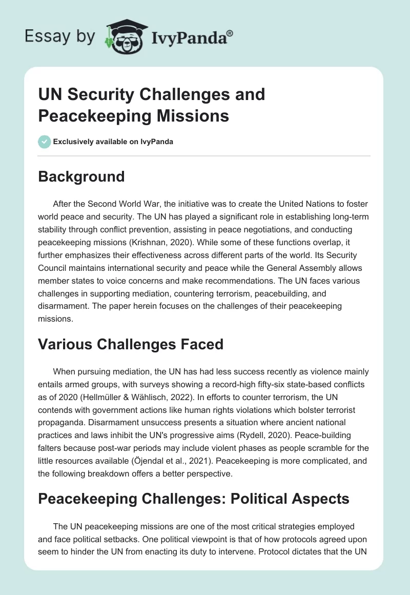 UN Security Challenges and Peacekeeping Missions. Page 1