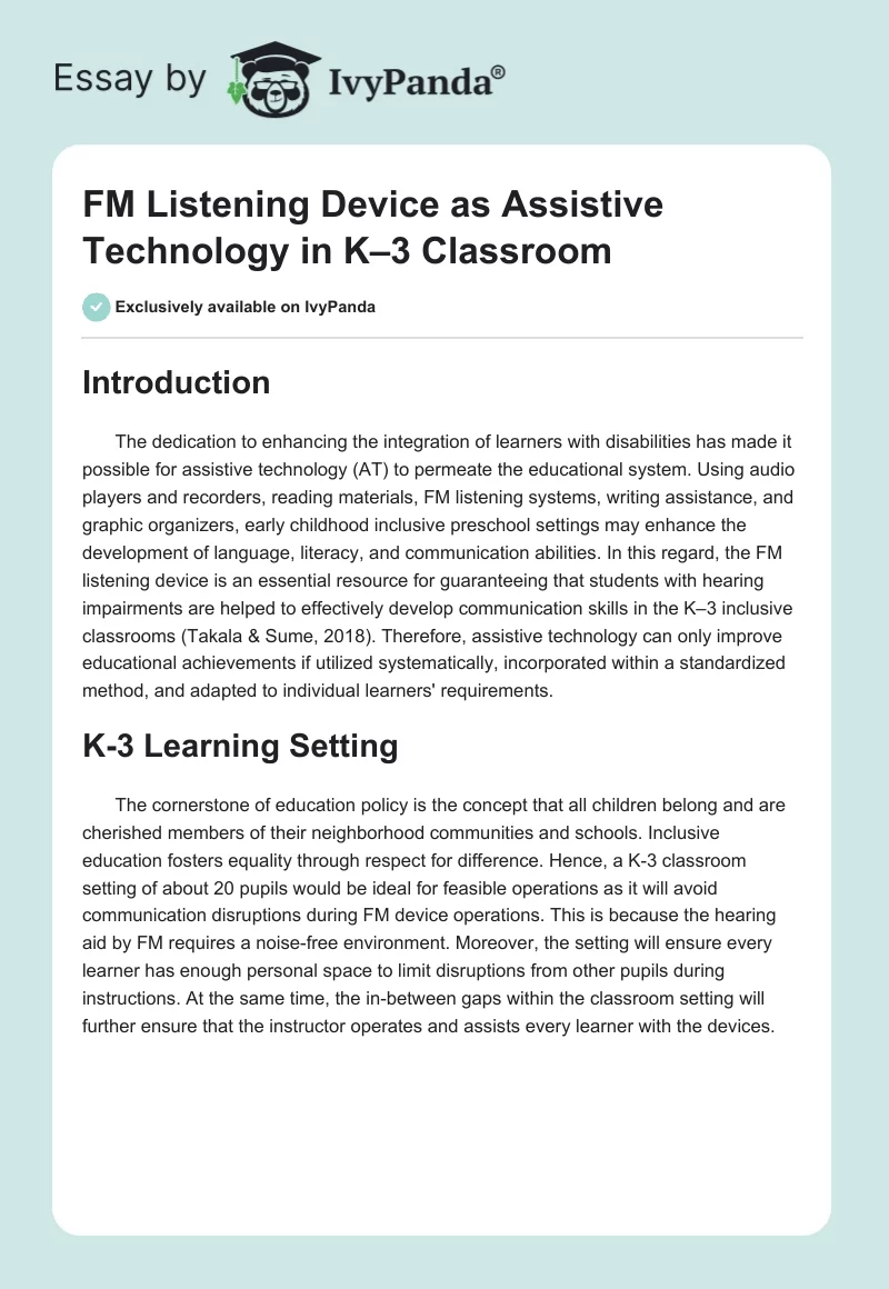 FM Listening Device as Assistive Technology in K–3 Classroom. Page 1