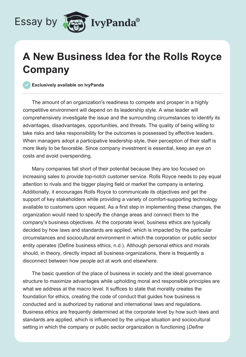 A New Business Idea for the Rolls Royce Company. Page 1