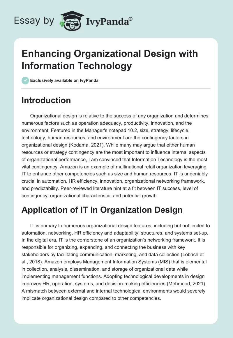 Enhancing Organizational Design with Information Technology. Page 1