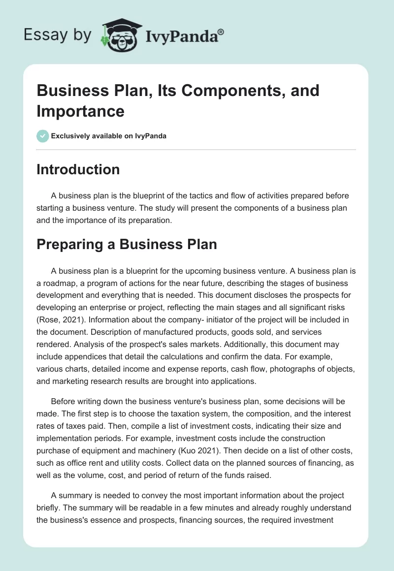 Business Plan, Its Components, and Importance. Page 1