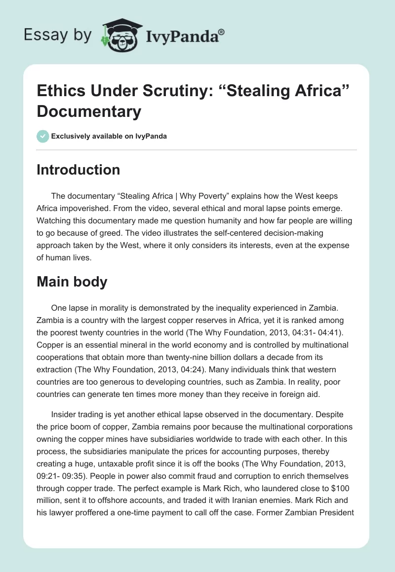 Ethics Under Scrutiny: “Stealing Africa” Documentary. Page 1