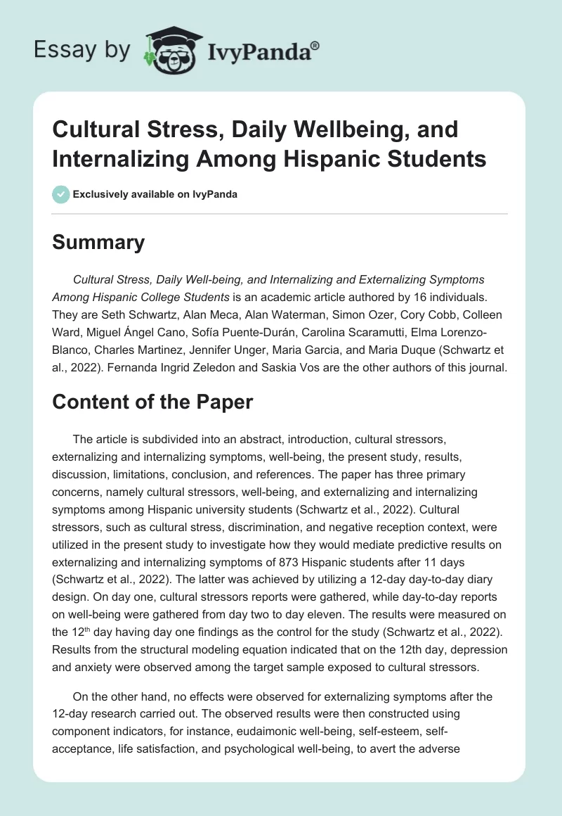 Cultural Stress, Daily Wellbeing, and Internalizing Among Hispanic Students. Page 1