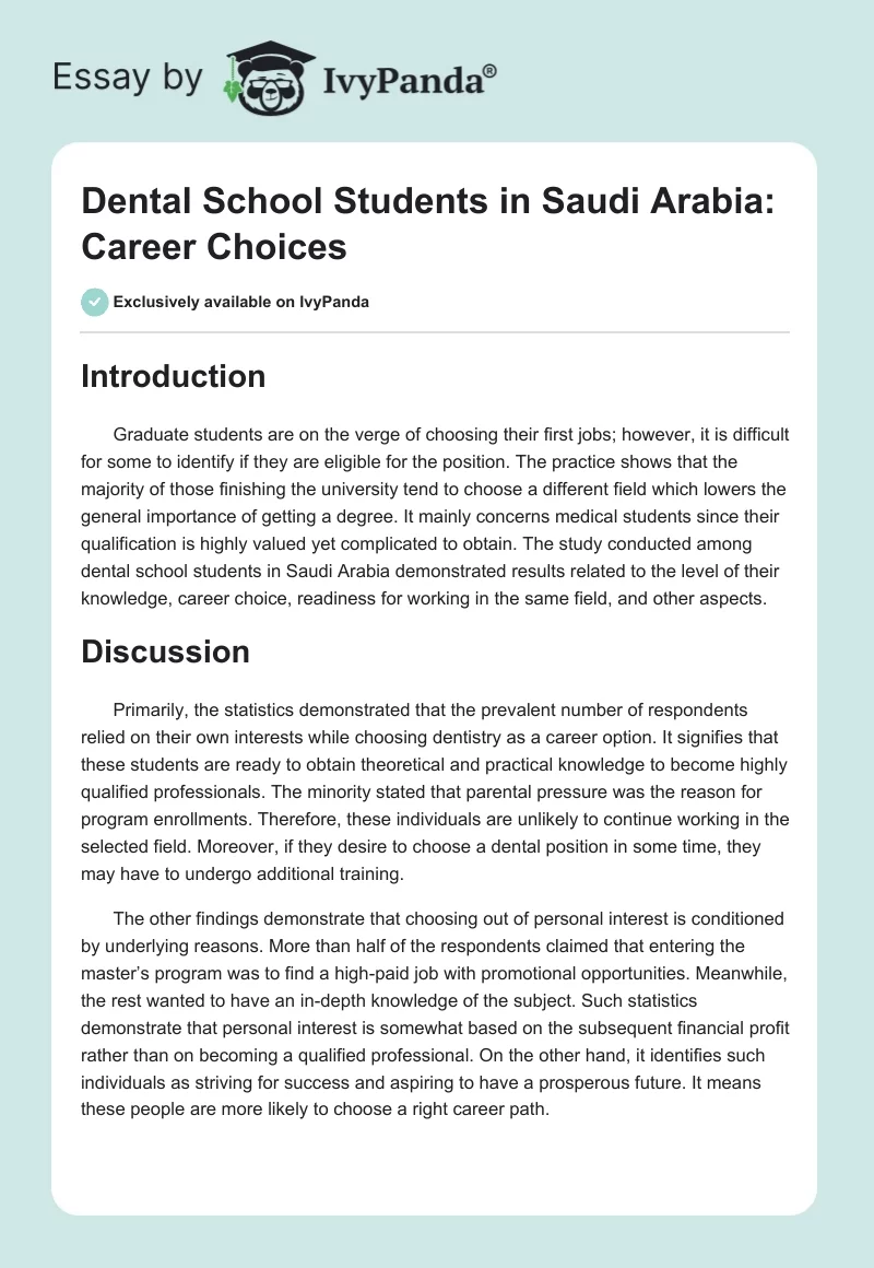 Dental School Students in Saudi Arabia: Career Choices. Page 1
