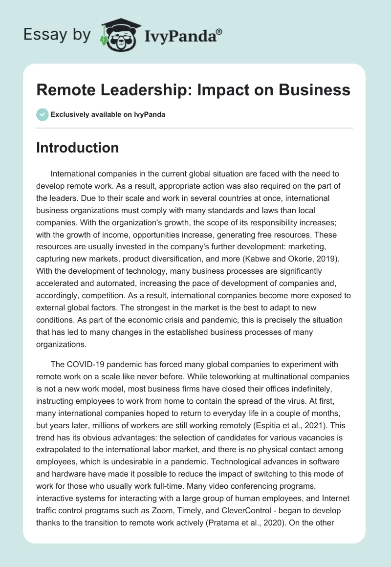 Remote Leadership: Impact on Business. Page 1