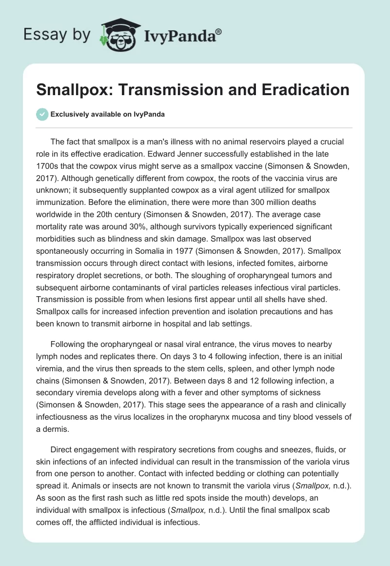 Smallpox: Transmission and Eradication. Page 1