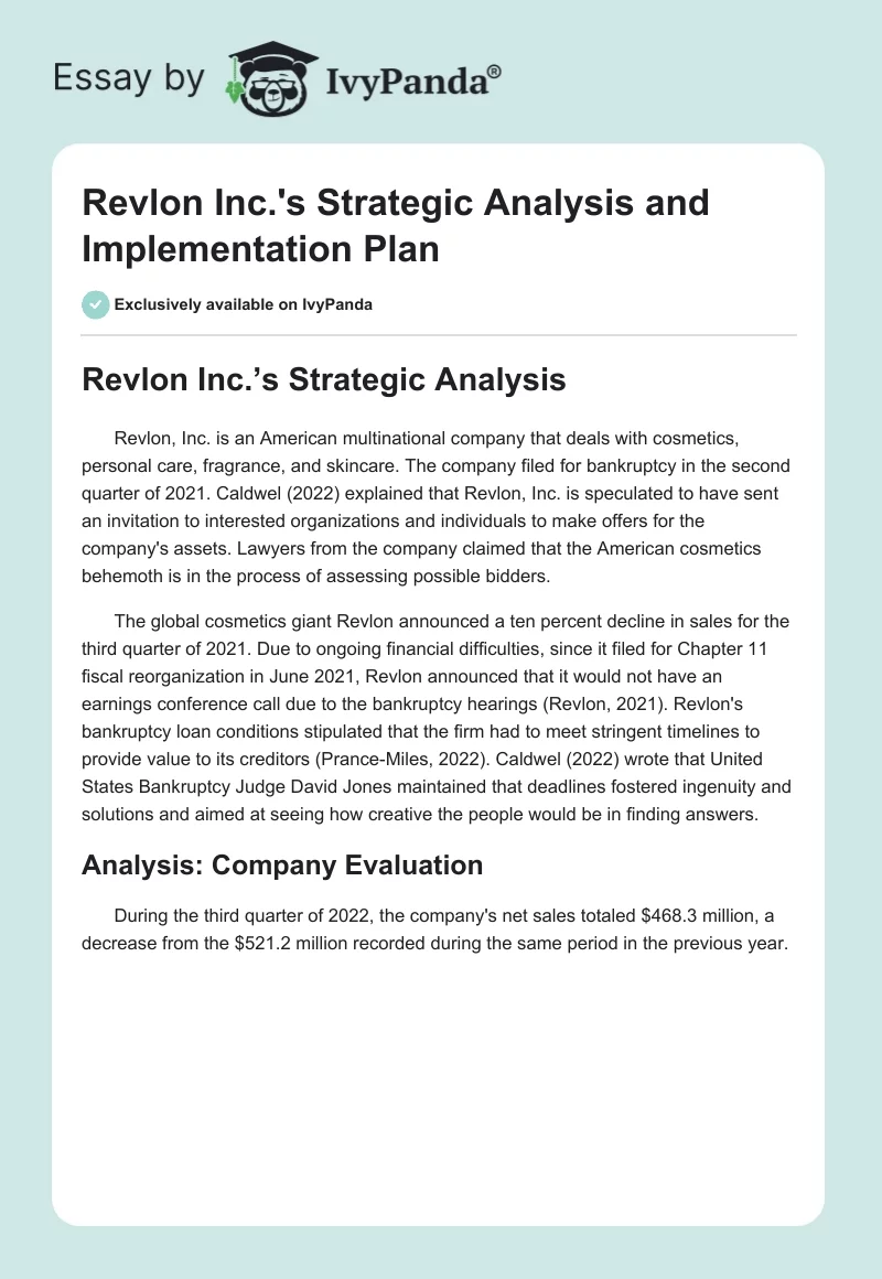 Revlon Inc.'s Strategic Analysis and Implementation Plan. Page 1
