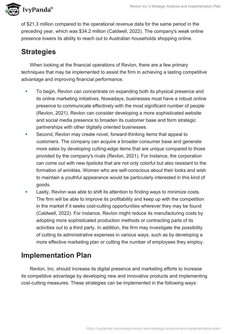 Revlon Inc.'s Strategic Analysis and Implementation Plan. Page 3