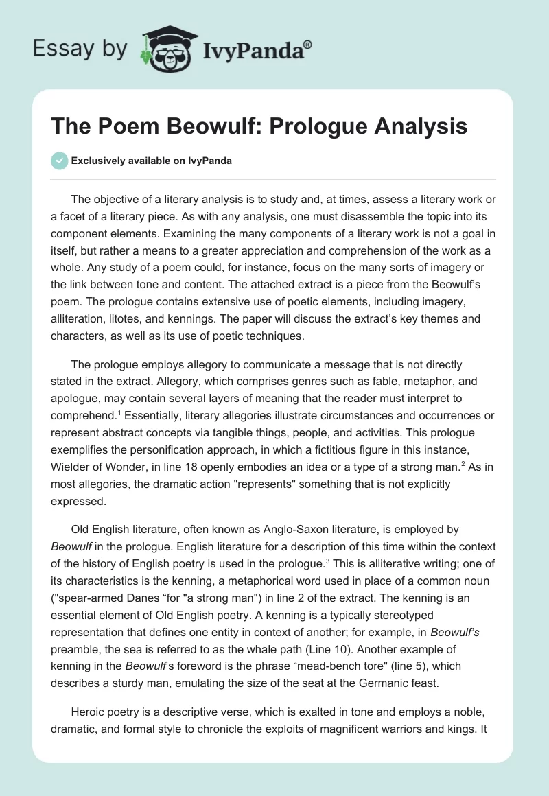 The Poem "Beowulf": Prologue Analysis. Page 1