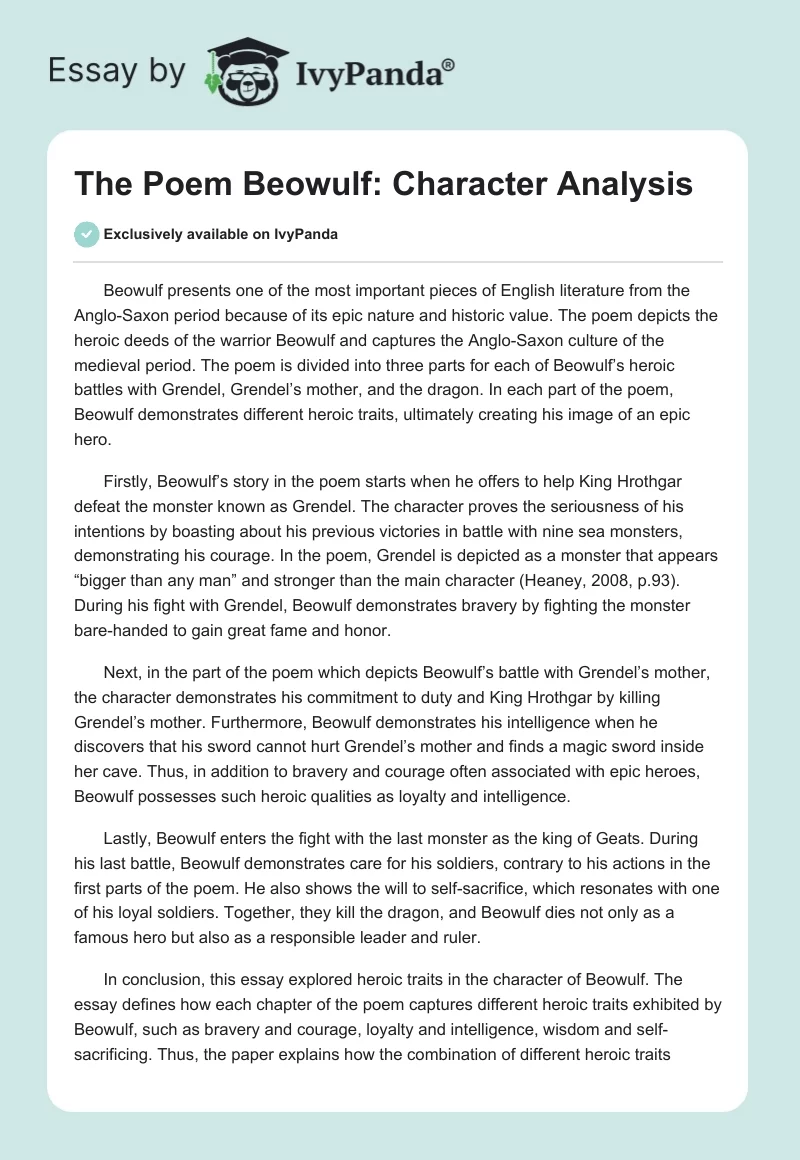The Poem "Beowulf": Character Analysis. Page 1