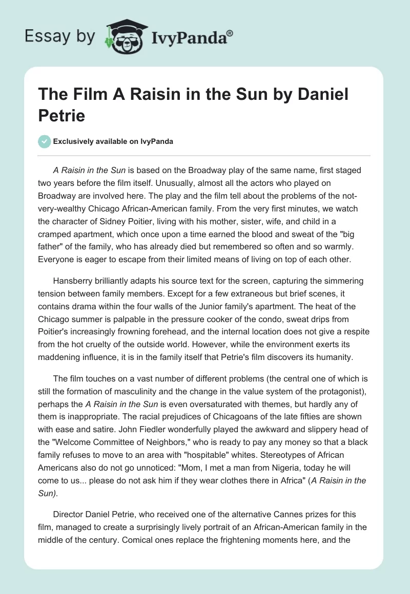 The Film "A Raisin in the Sun" by Daniel Petrie. Page 1