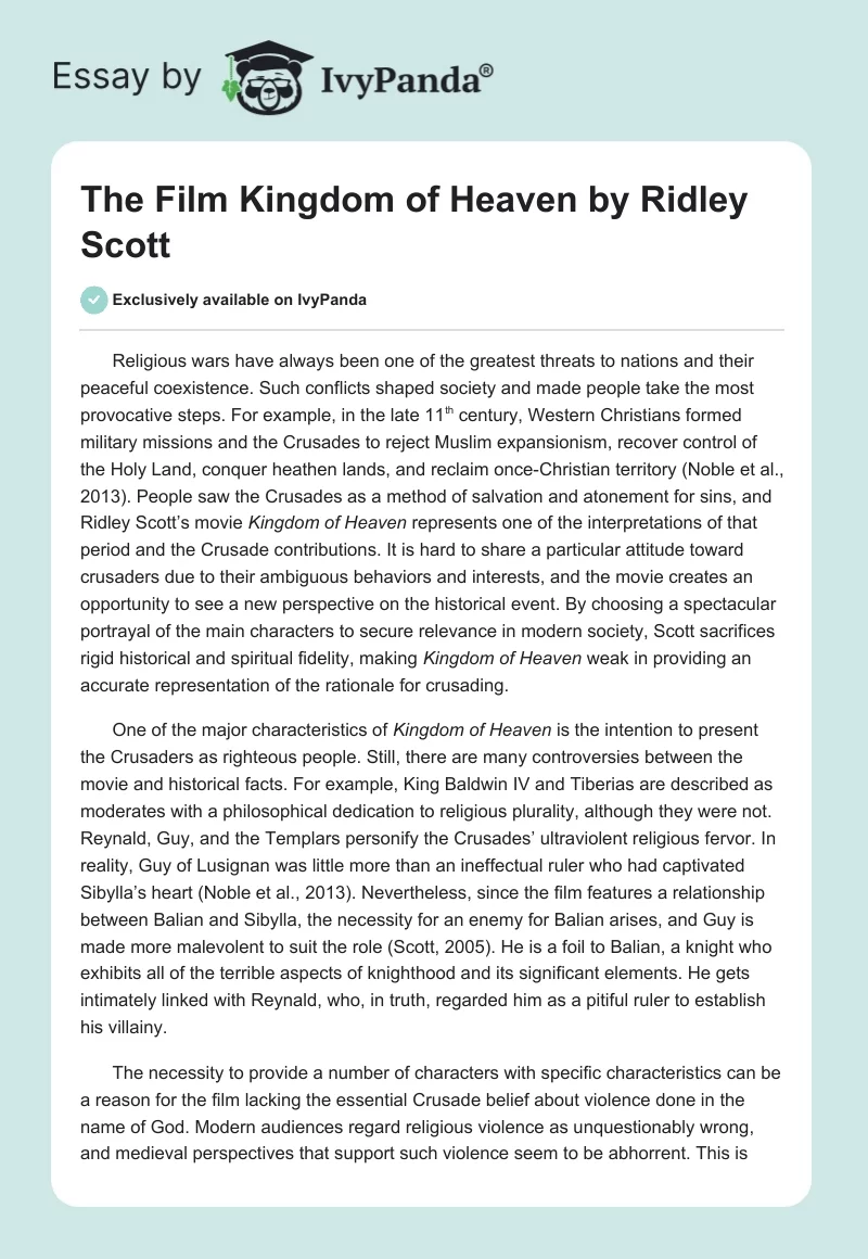 The Film "Kingdom of Heaven" by Ridley Scott. Page 1