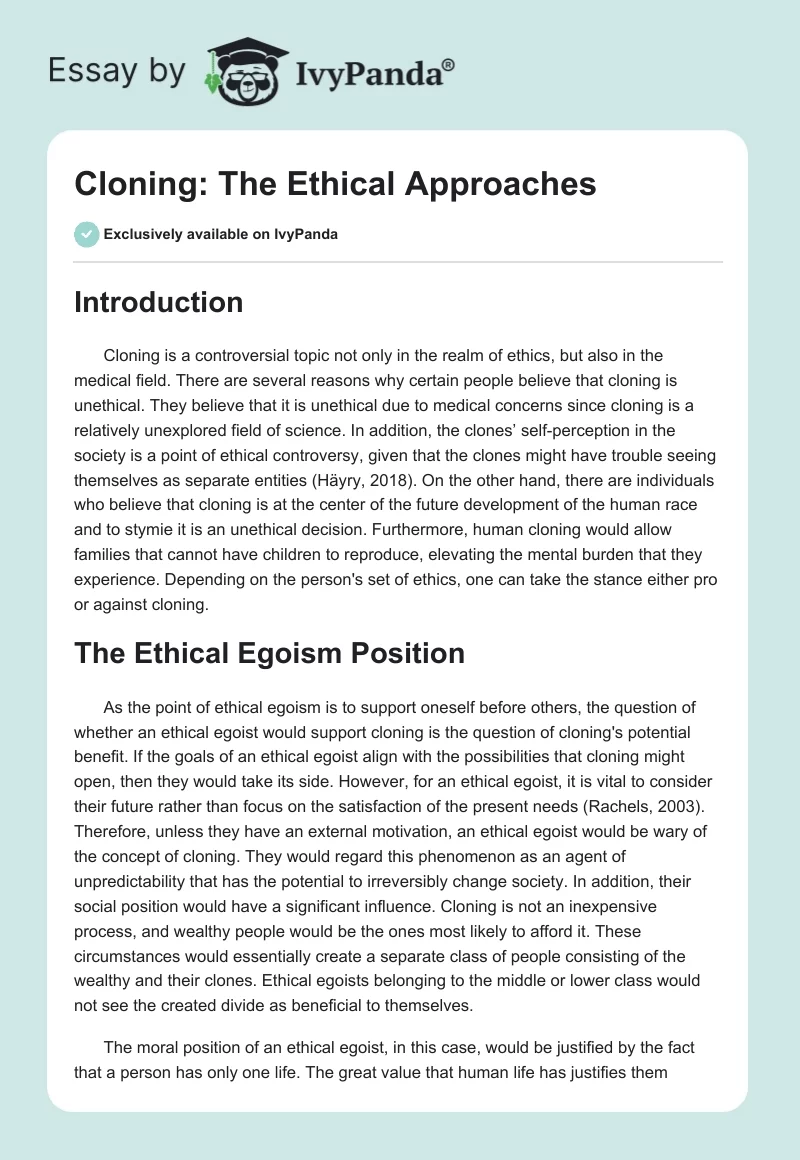 Cloning: The Ethical Approaches. Page 1