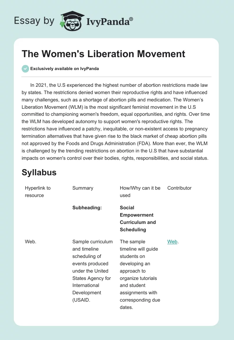 The Women's Liberation Movement. Page 1