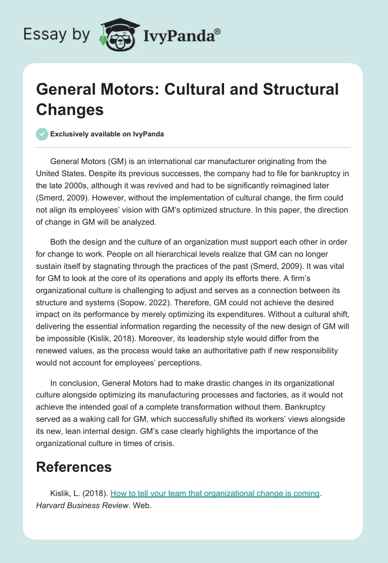 General Motors: Cultural and Structural Changes. Page 1