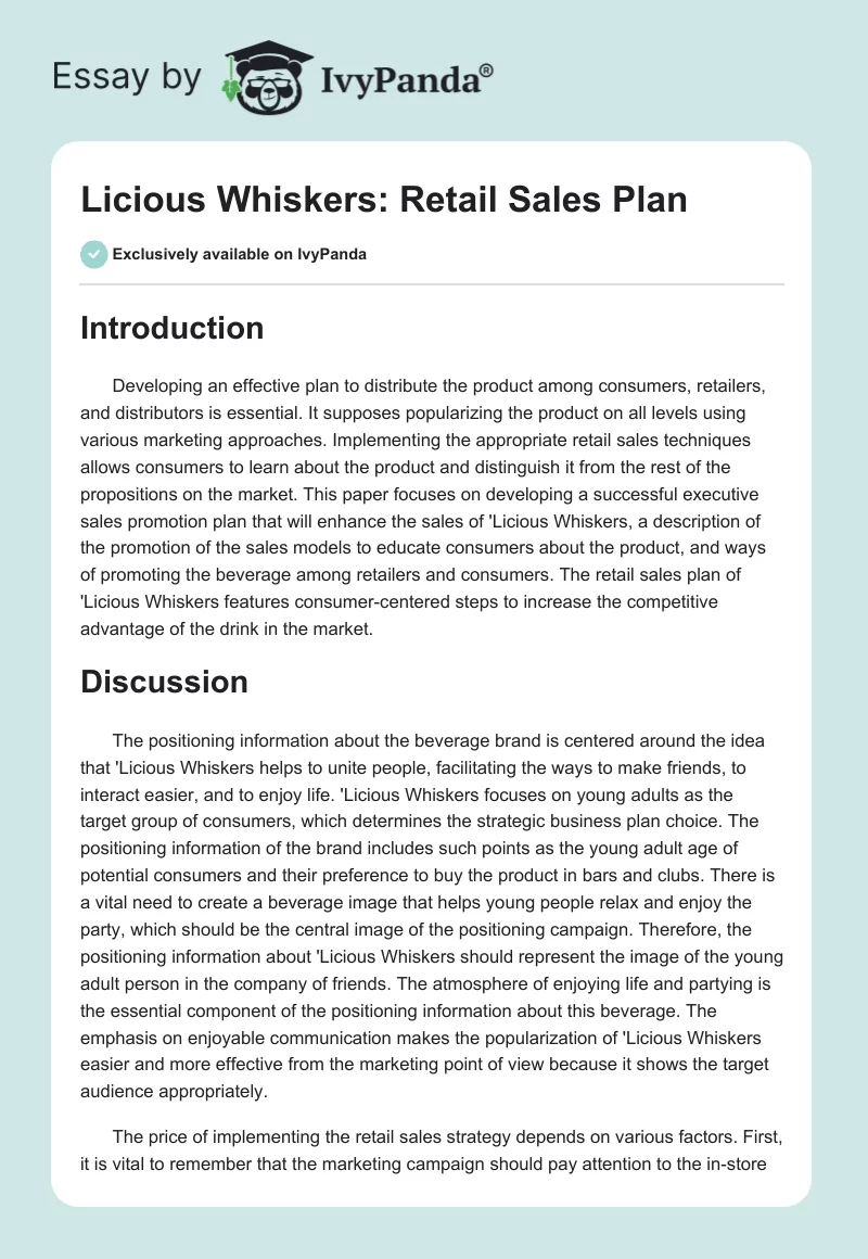 Licious Whiskers: Retail Sales Plan. Page 1