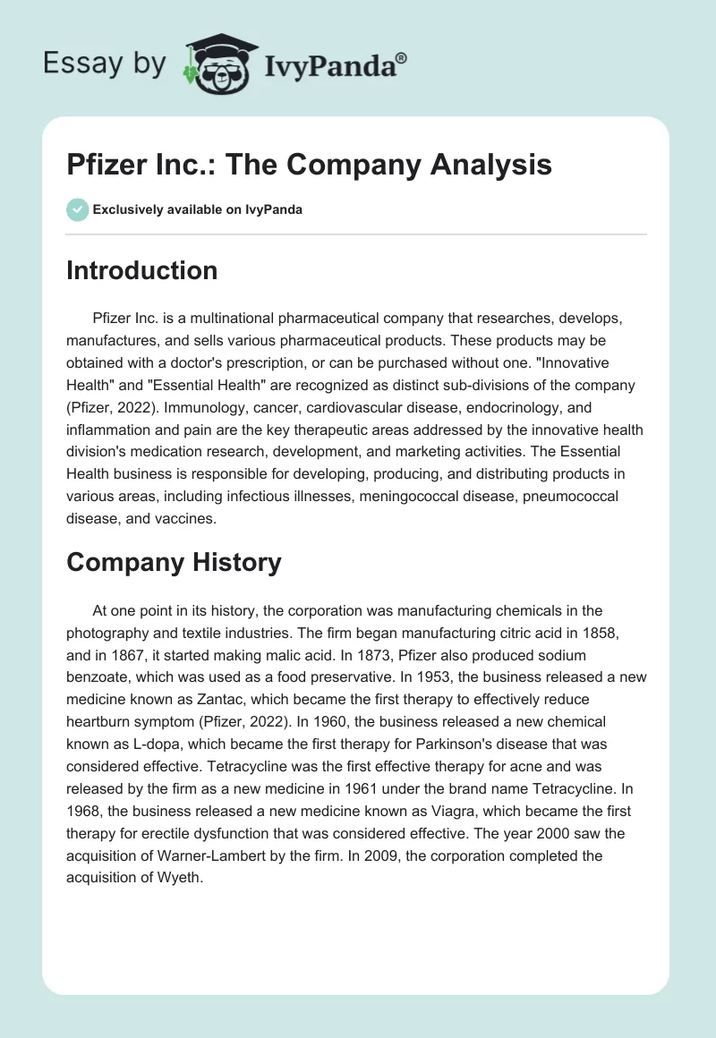 Pfizer Inc.: The Company Analysis. Page 1