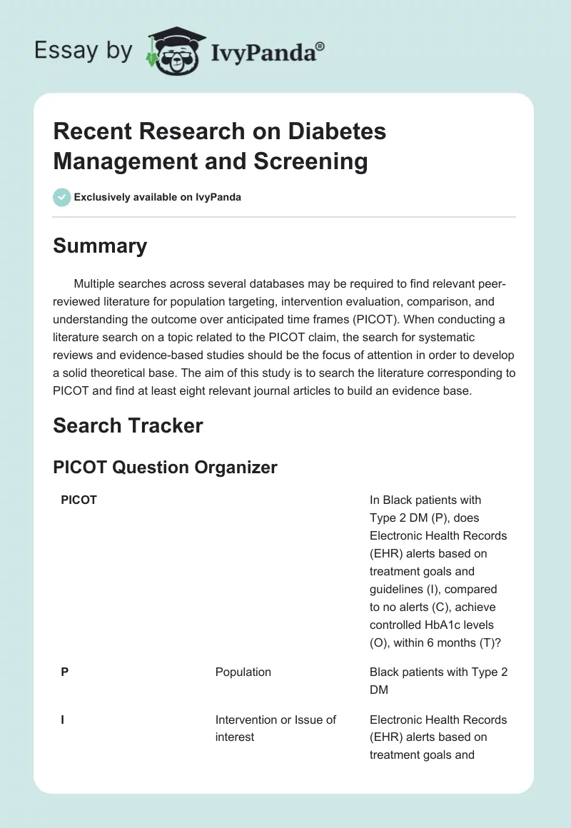Recent Research on Diabetes Management and Screening. Page 1