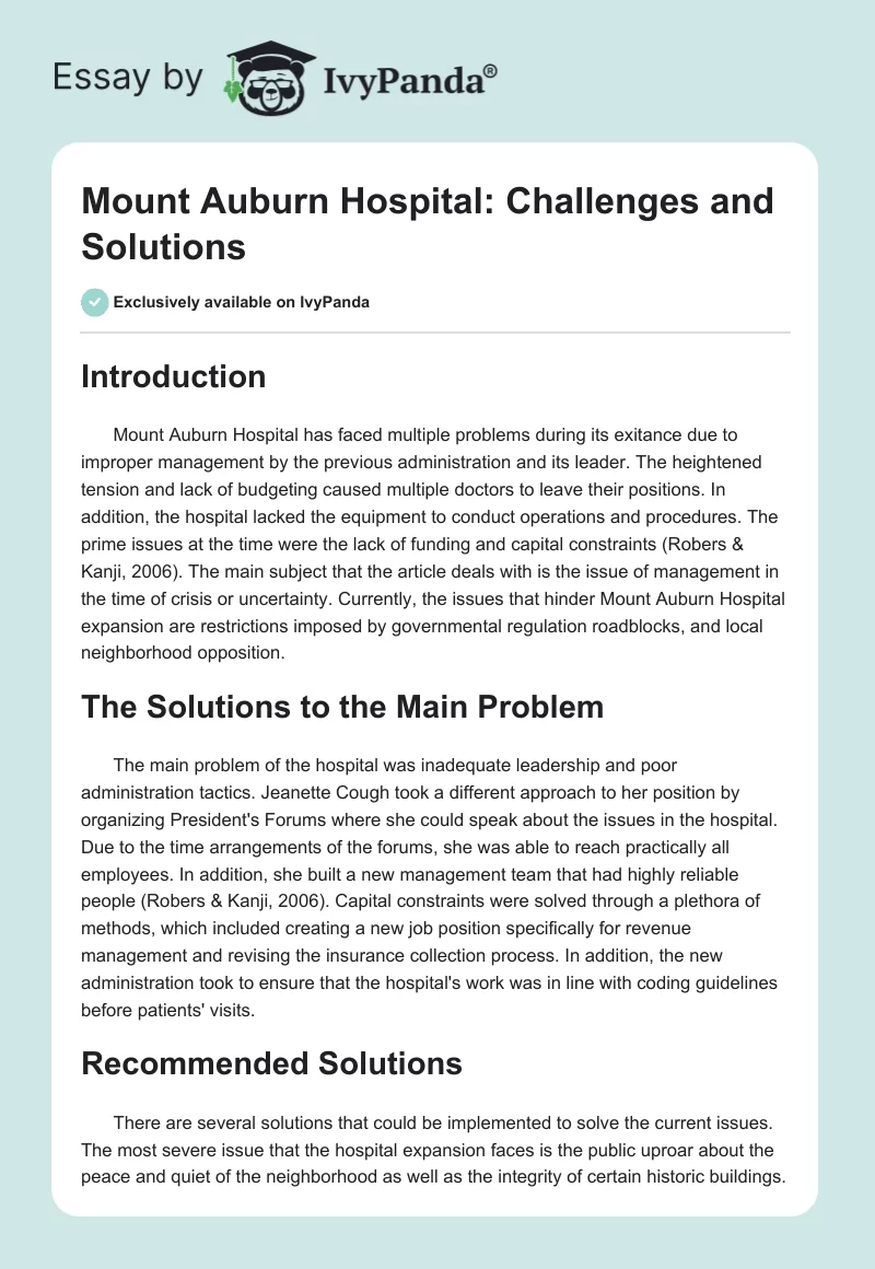 Mount Auburn Hospital: Challenges and Solutions. Page 1
