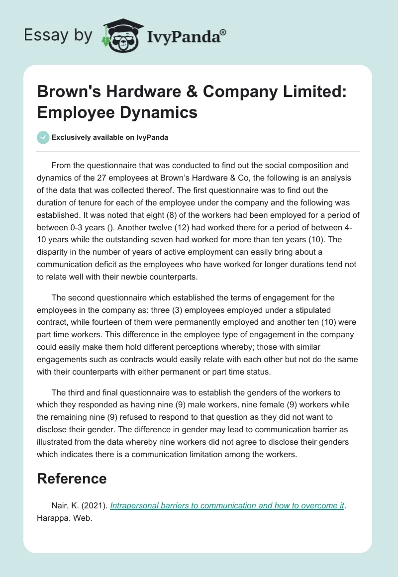 Brown's Hardware & Company Limited: Employee Dynamics. Page 1