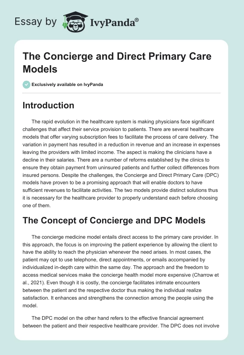 The Concierge and Direct Primary Care Models. Page 1