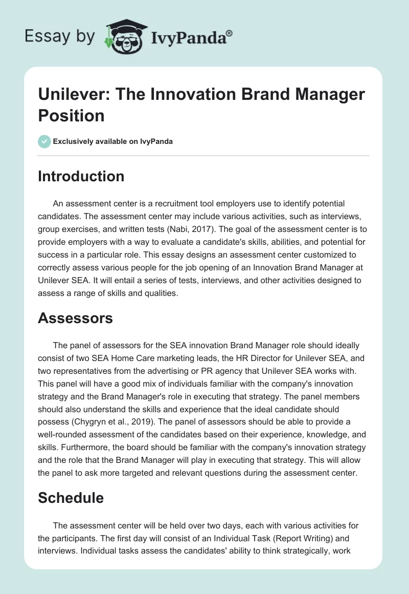 Unilever: The Innovation Brand Manager Position. Page 1
