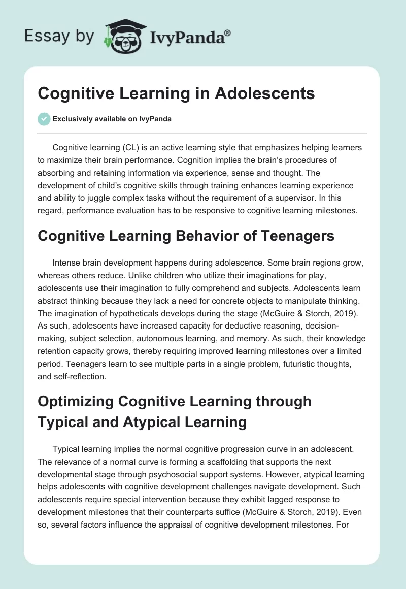 Cognitive Learning in Adolescents. Page 1