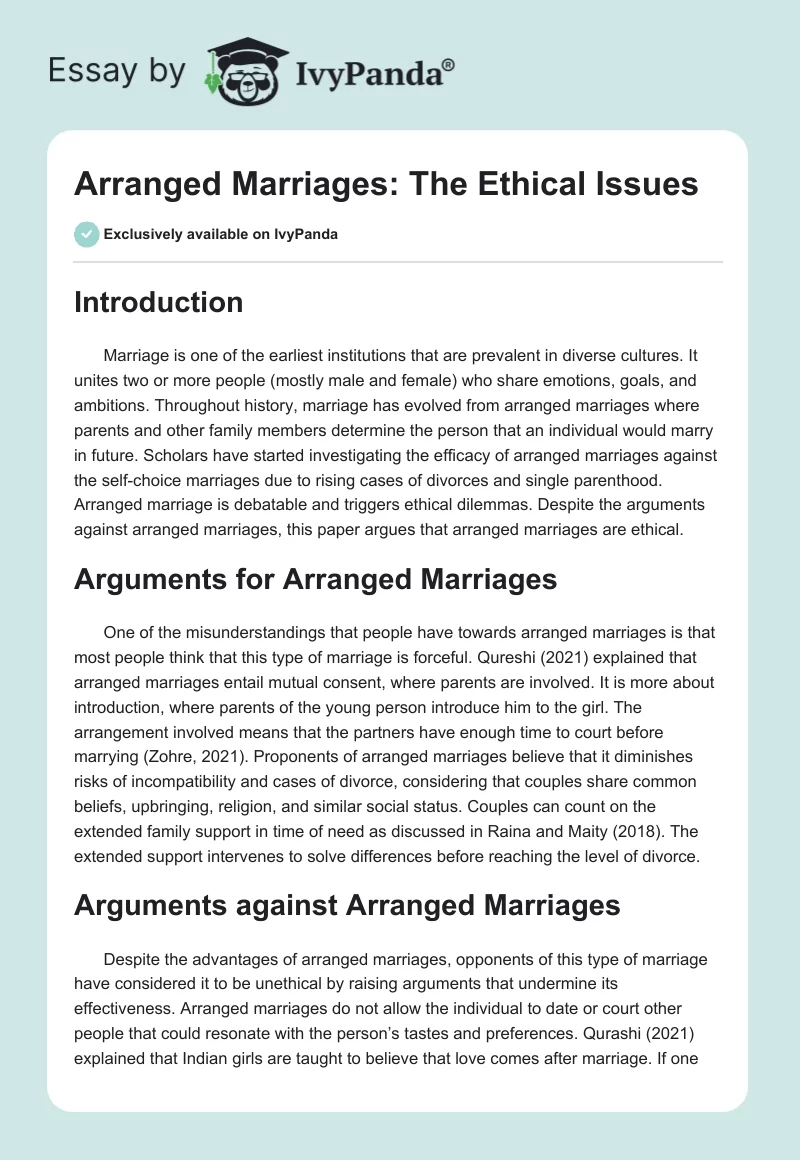 Arranged Marriages: The Ethical Issues. Page 1