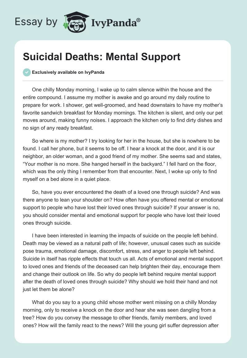 Suicidal Deaths: Mental Support. Page 1