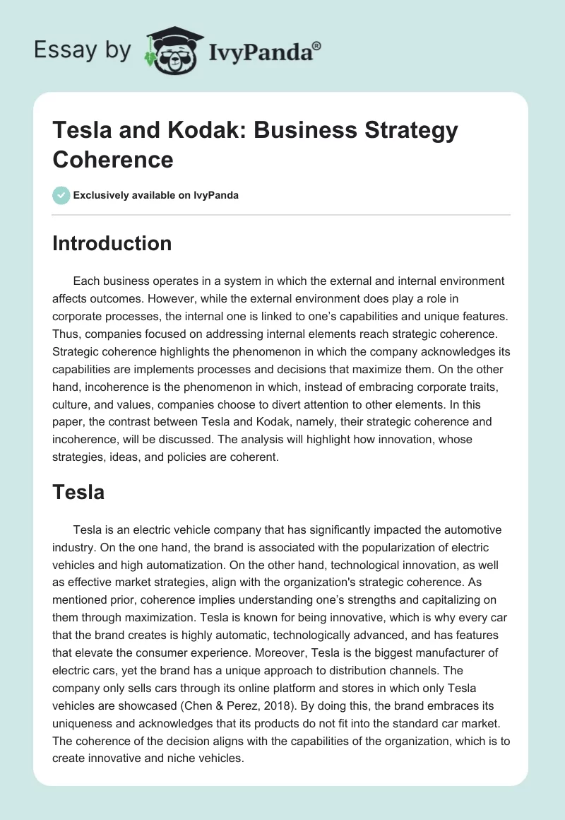Tesla and Kodak: Business Strategy Coherence. Page 1