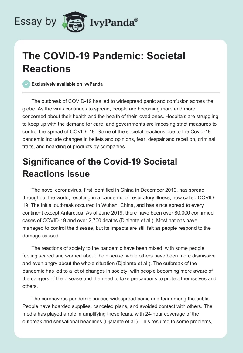 The COVID-19 Pandemic: Societal Reactions. Page 1
