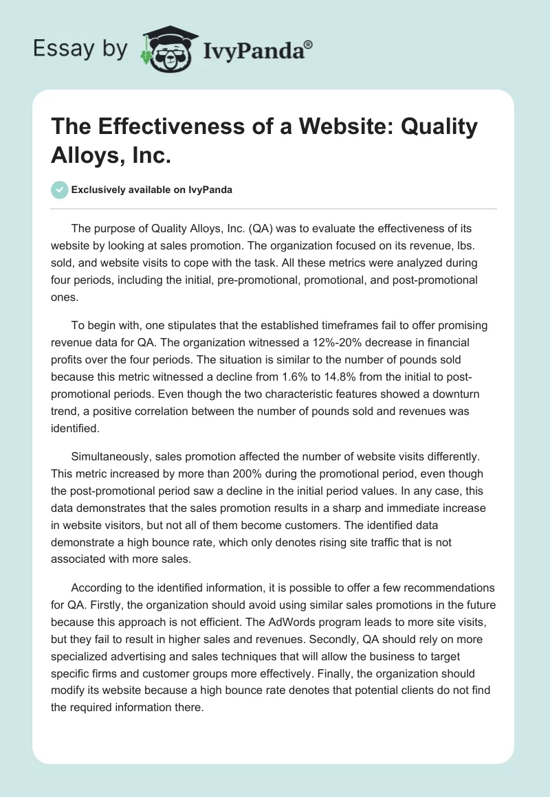 The Effectiveness of a Website: Quality Alloys, Inc.. Page 1