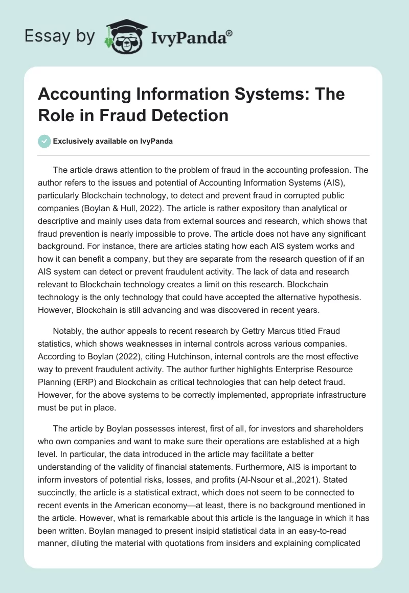 Accounting Information Systems: The Role in Fraud Detection. Page 1