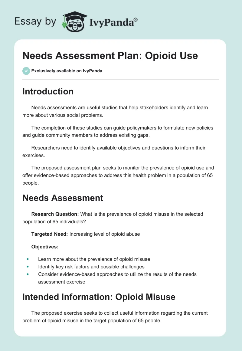 Needs Assessment Plan: Opioid Use. Page 1