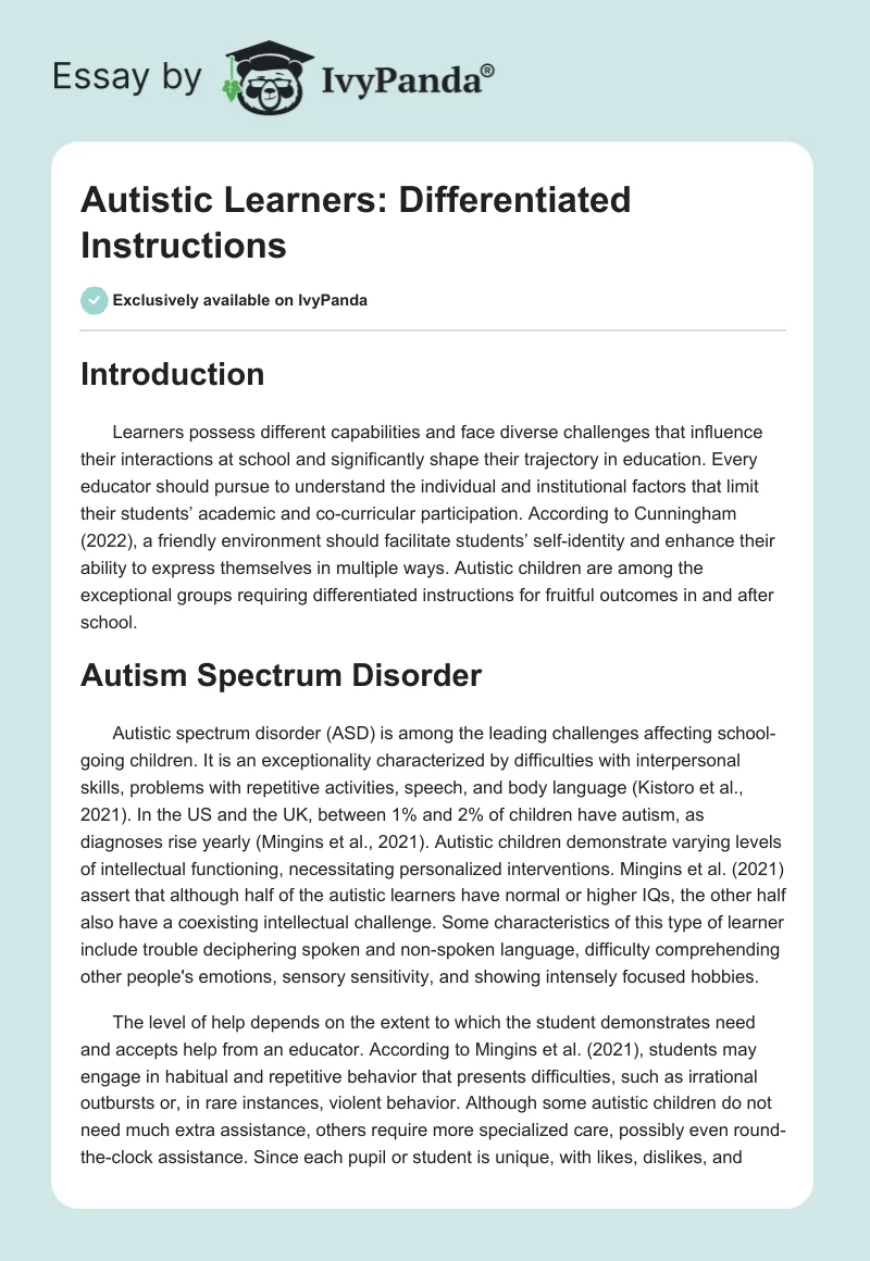 Autistic Learners: Differentiated Instructions. Page 1