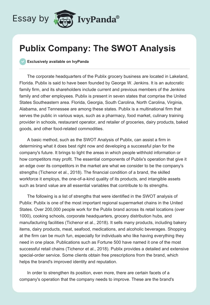 Publix Company: The SWOT Analysis. Page 1