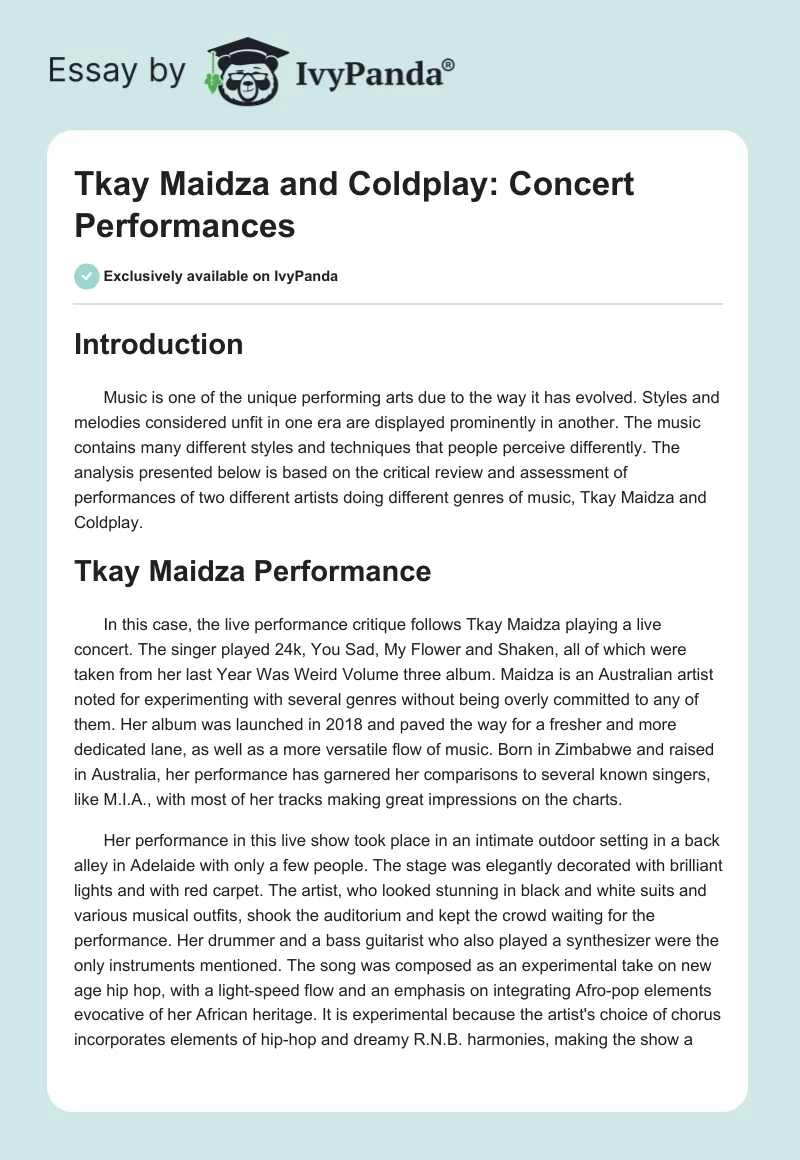 Tkay Maidza and Coldplay: Concert Performances. Page 1