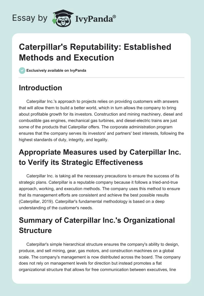 Caterpillar's Reputability: Established Methods and Execution. Page 1