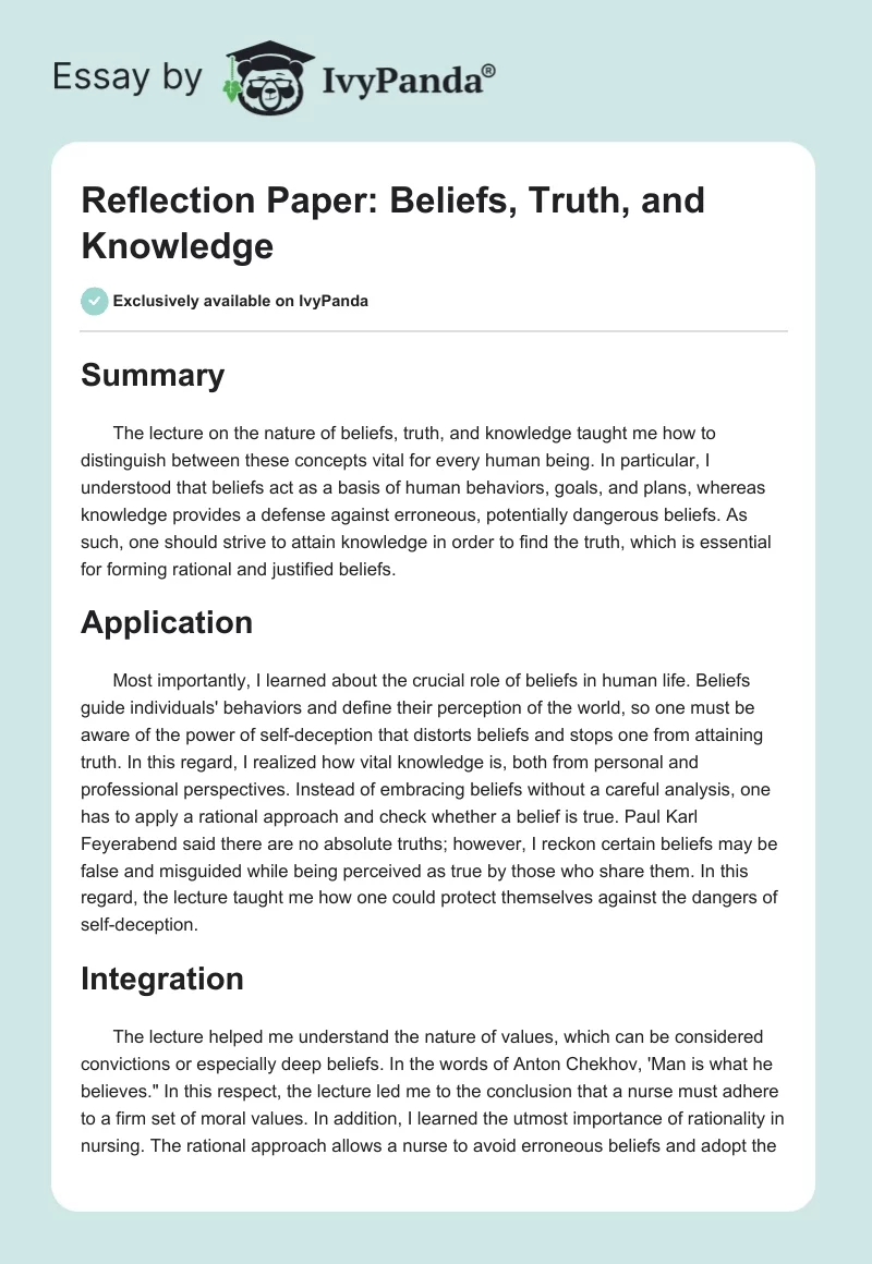 Reflection Paper: Beliefs, Truth, and Knowledge. Page 1