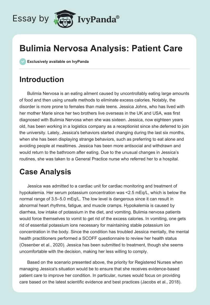 Bulimia Nervosa Analysis: Patient Care. Page 1