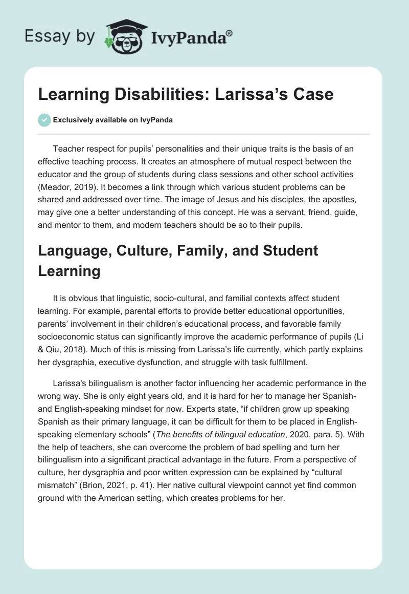 Learning Disabilities: Larissaʼs Case. Page 1