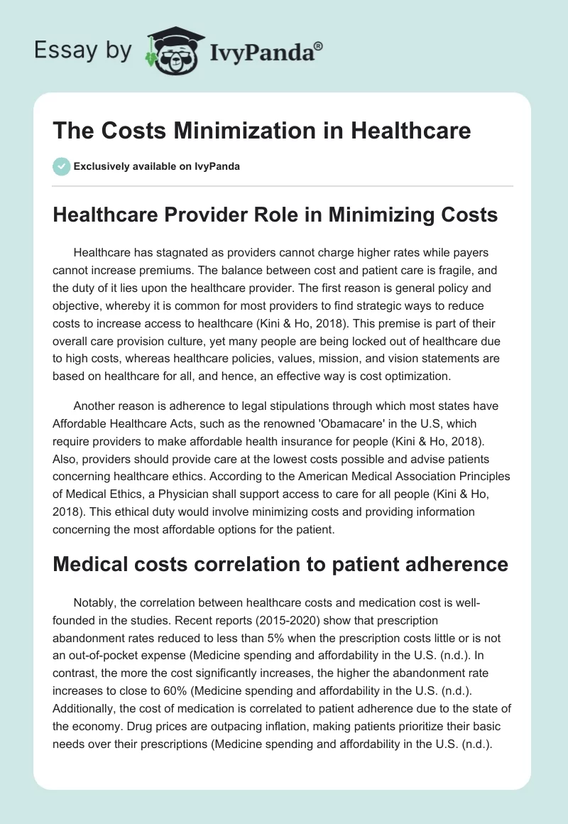 The Costs Minimization in Healthcare. Page 1
