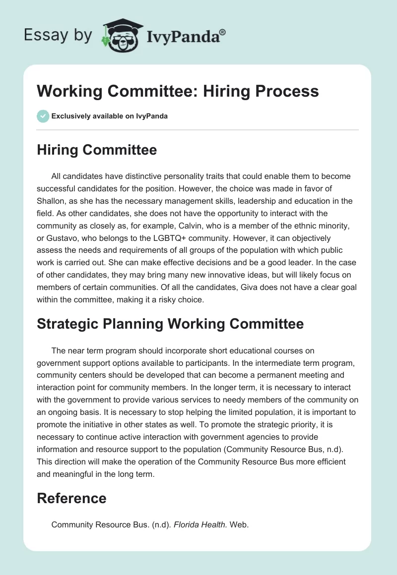 Working Committee: Hiring Process. Page 1