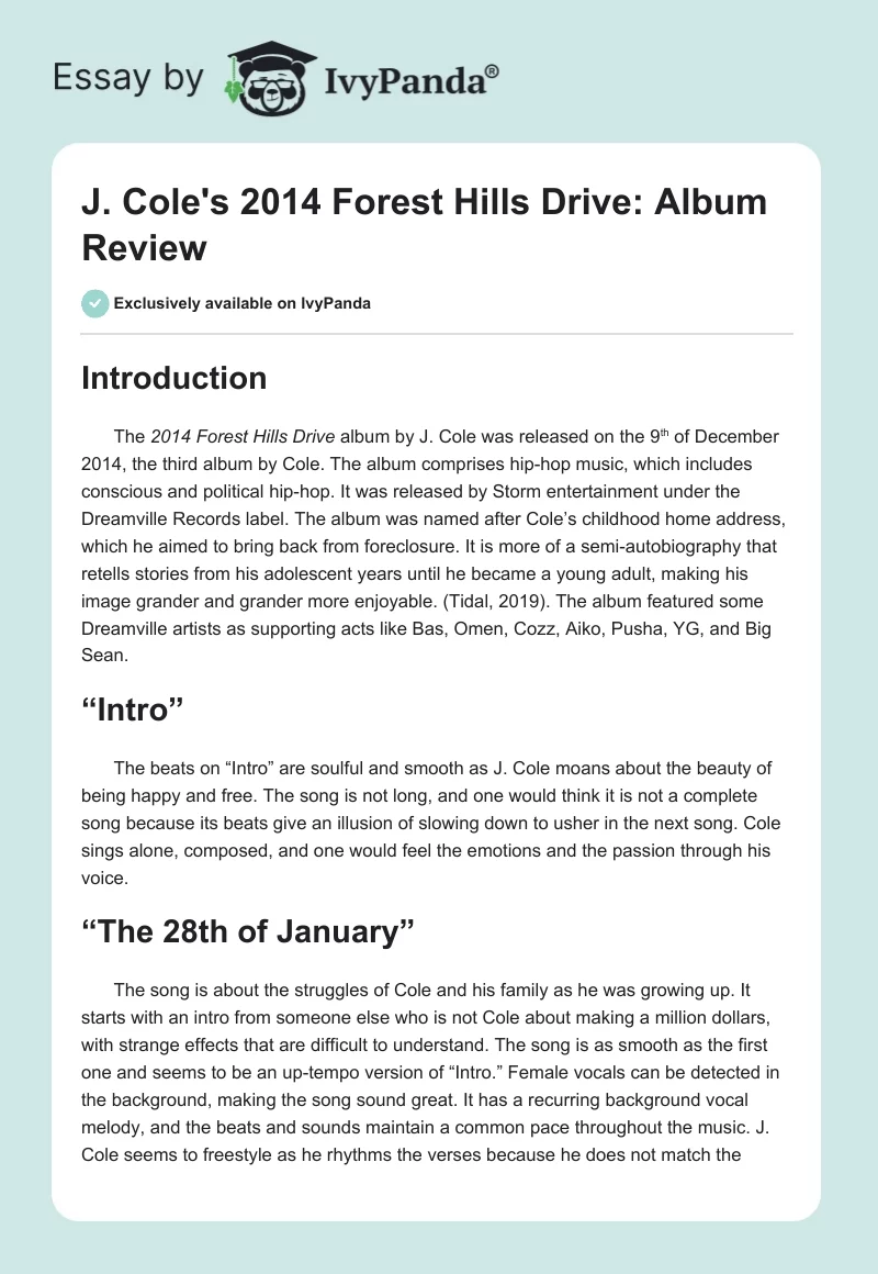 J. Cole's 2014 Forest Hills Drive: Album Review. Page 1