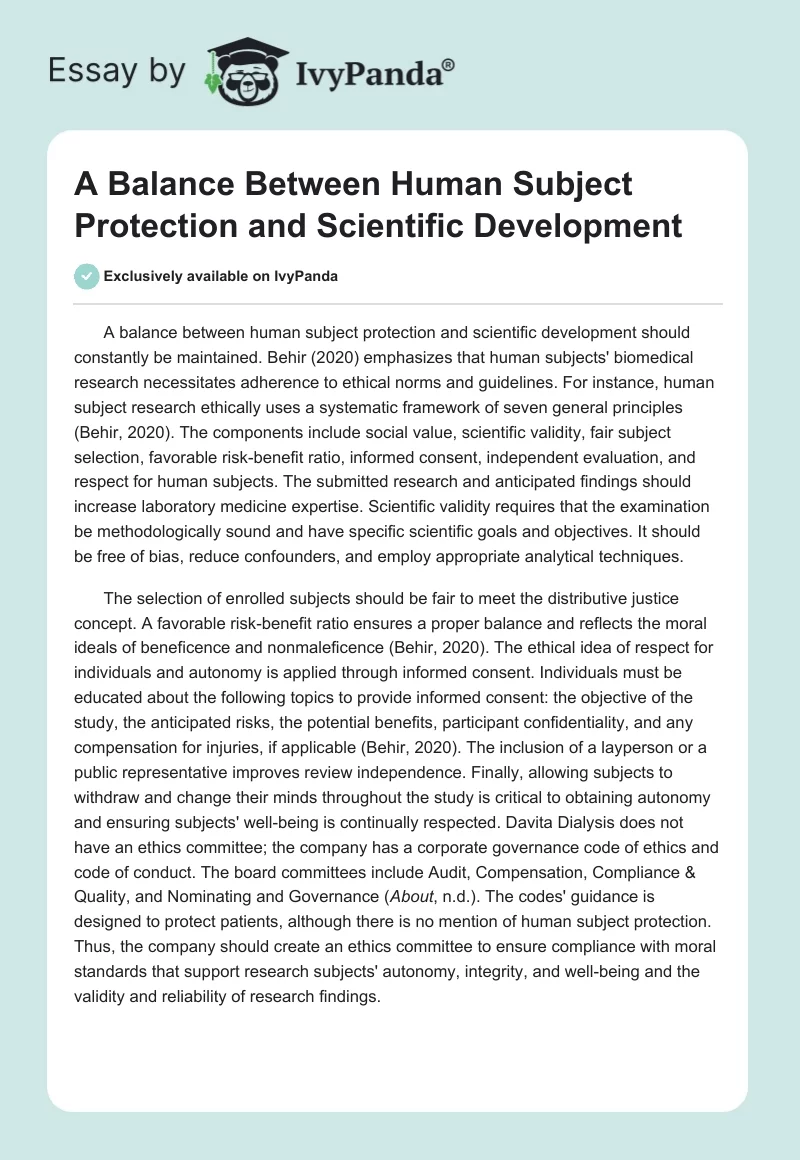 A Balance Between Human Subject Protection and Scientific Development. Page 1