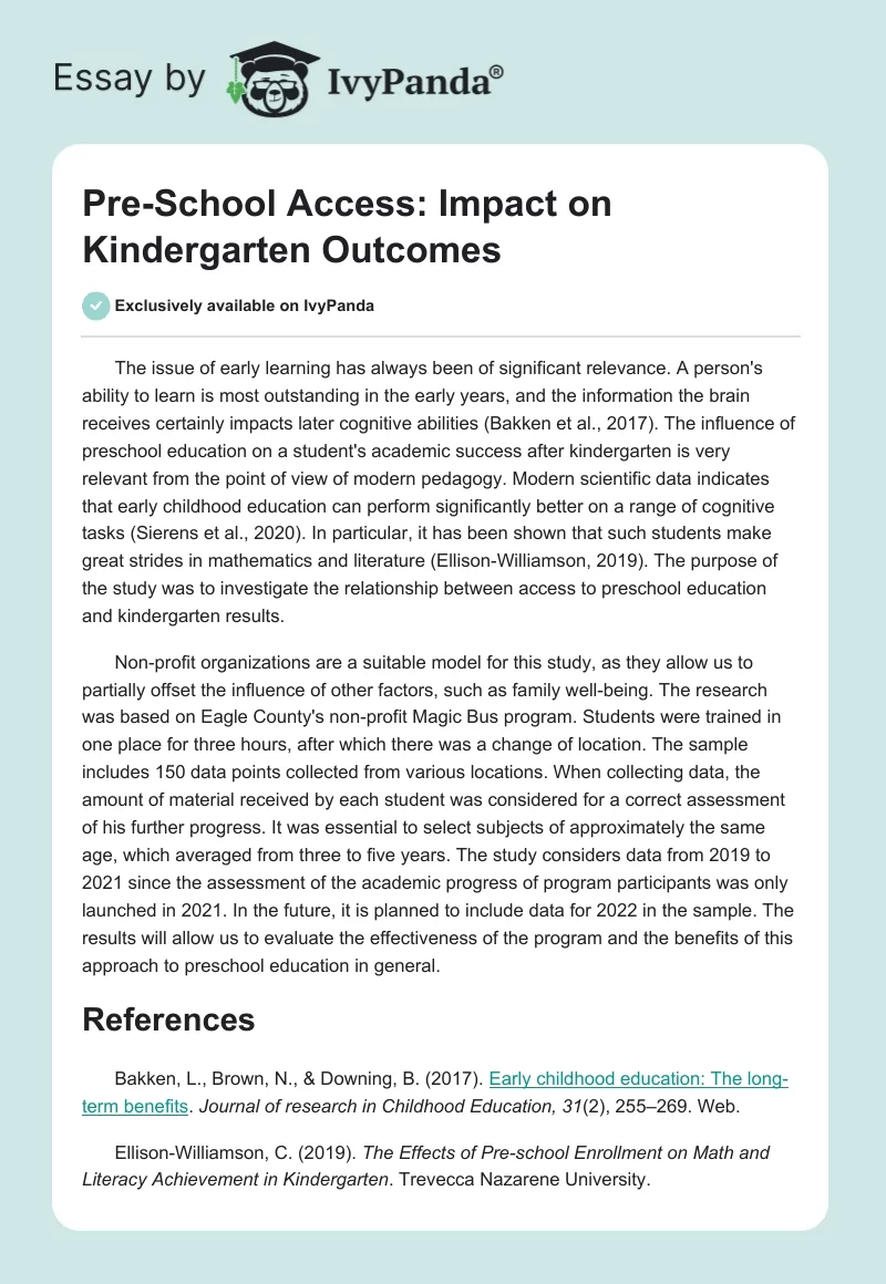 Pre-School Access: Impact on Kindergarten Outcomes. Page 1