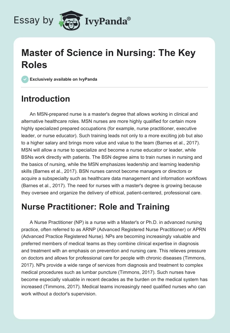 Master of Science in Nursing: The Key Roles. Page 1