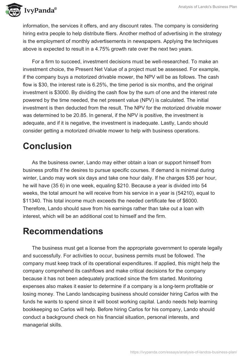 Analysis of Lando's Business Plan. Page 5